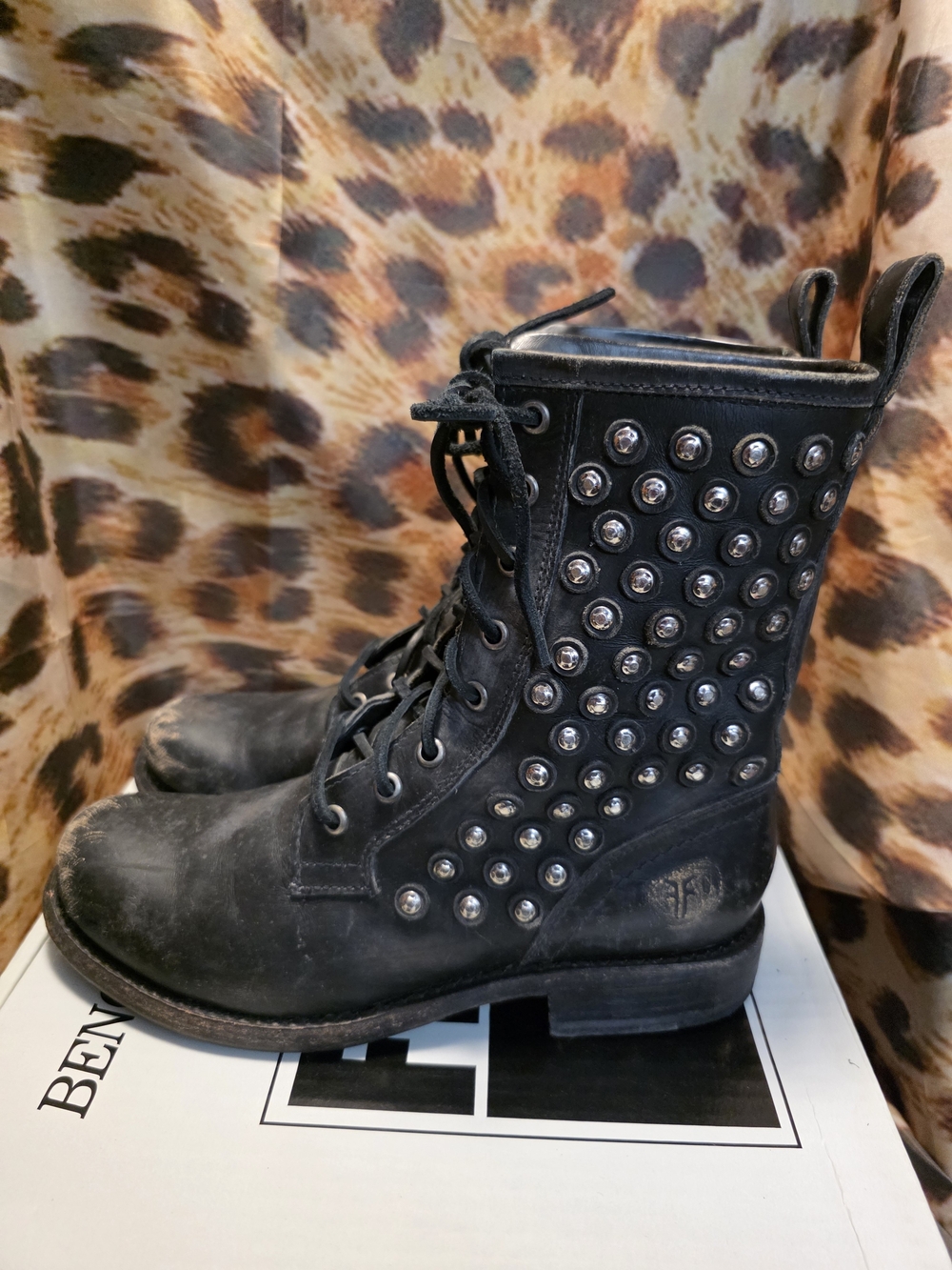 Frye JENNA DISC Black Studded Distressed Leather Lace-Up Combat Boots - Size 7.5
